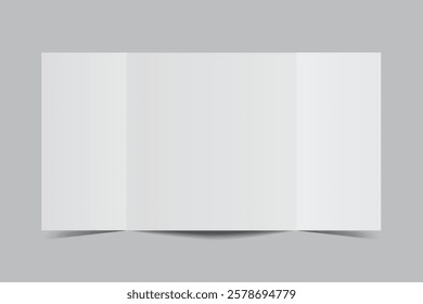 Blank trifold open leaflet, three panel fold with shadows mockup template on background .Open booklet, thank you card, notecards, flyer, greeting card, wedding invitation, postcard, brochure. Vector
