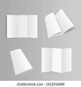 Blank Trifold Pages Brochure, Booklet Or Leaflet Folded And Unfolded Front And Opposite Side 3D Realistic Mockup Vector Illustration On Grey Background With Clipping 