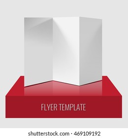 Blank trifold paper brochure or flyer realistic template with shadows and lighting effect on a 3d modern glossy box with reflection. Mock up design
