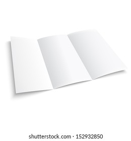 Blank trifold paper brochure. on white background with soft shadows. Z-folded. Vector illustration. EPS10.