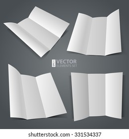 Blank trifold paper brochures with realistic shadows set on dark grey background. RGB EPS 10 vector illustration