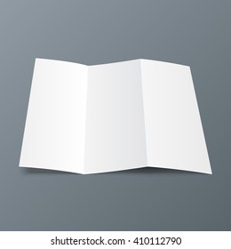 Blank Trifold Paper Leaflet, Flyer, Broadsheet, Flier, Follicle, Leaf A4 With Shadows. On Gray Background Isolated. Mock Up Template Ready For Your Design. Vector EPS10
