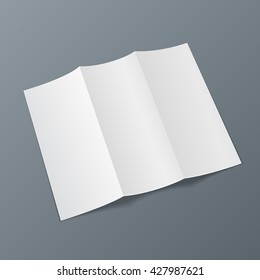 Blank Trifold Paper Leaflet, Flyer, Broadsheet, Flier, Follicle, Leaf A4 With Shadows. On Gray Background Isolated. Mock Up Template Ready For Your Design. Vector EPS10