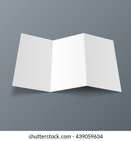 Blank Trifold Paper Leaflet, Flyer, Broadsheet, Flier, Follicle, Leaf A4 With Shadows. Illustration On Gray Background Isolated. Mock Up Template Ready For Your Design. Vector EPS10