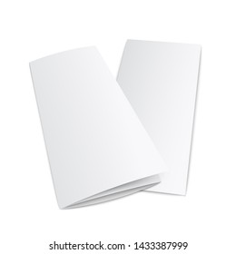 Blank trifold paper leaflet from side view - realistic mockup of empty white three fold documents isolated on white background. Advertising booklet lying on surface vector illustration