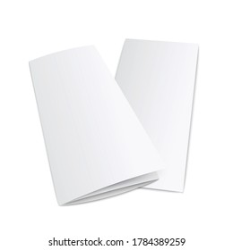 Blank trifold paper leaflet from side view - realistic mockup of empty white three fold documents isolated on white background. Advertising booklet lying on surface vector illustration
