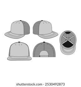 Blank Trucker Hat Mockup: Front, Back, Side  Top Views | Streetwear Design Template  CAD Illustration