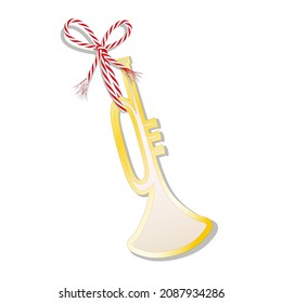 Blank Trumpet card with a golden border, tied with a red and white cord string,
Label or gift tag,
Vector illustration isolated on white background
