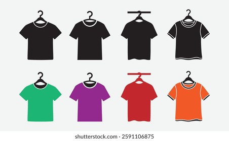 Blank T-Shirt Silhouette Icon Bundle. Minimalist T-Shirt Icon Set. Basic Tee Shirt Icon Pack. Black T-Shirt Silhouette Bundle.