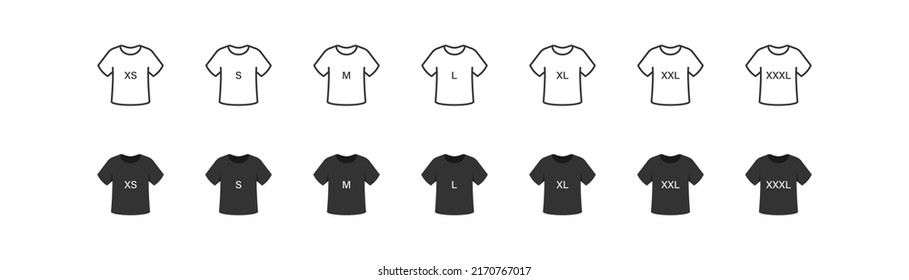 Blank T-shirt size icon set. Black line and flat style label or tag sign simbol. Isolated vector illustration EPS10