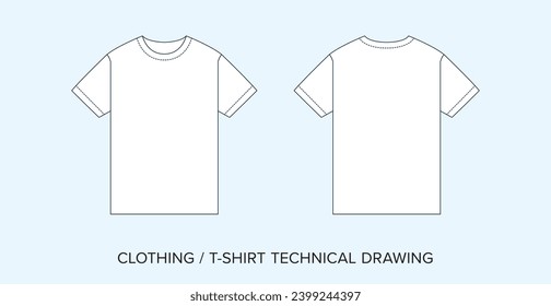 Blank T-Shirt Technical Drawing, Apparel Blueprint for Fashion Designers. Detailed Editable Vector Illustration, Black and White Clothing Schematics, Isolated Background