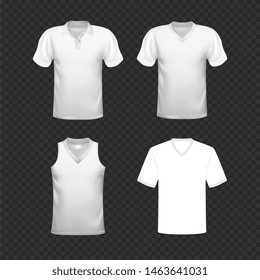 Blank t-shirt template. Collection of white t-shirts for basketball, football, cricket, soccer and other. Vector illustration.