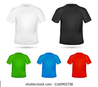 Blank T-shirt template. Tee graphic concept. Change colors Mock-up t shirt printing design. Replace with your Design. Textile Tee-shirt print. White, black and blue clothes. Vector