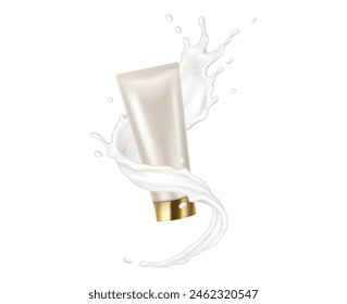 Blank tube in creamy swirl realistic vector illustration. Moisturizing product. Anti-aging care advertisement 3d objects on white background