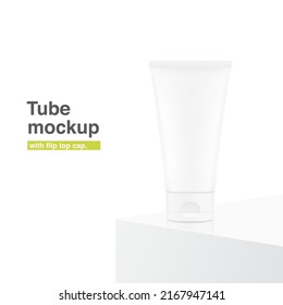 Blank tube with flip top cap mockup. Front view on podium. Vector illustration isolated on white background. Can be use for your design, advertising, promo and etc. Symmetrical lighting scheme. EPS10.