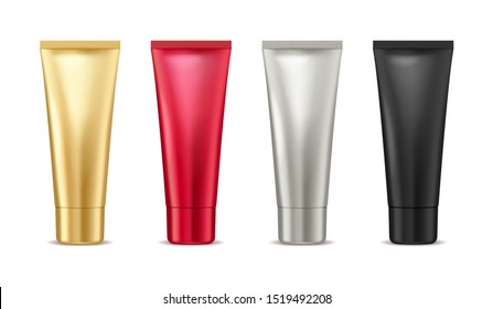 Blank tube mock up gold, red, silver and black tube for cosmetic product set isolated on white background, package container for cream, lotion, toothpaste, vector illustration