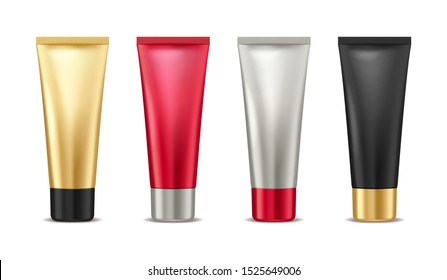 Blank tube mock up gold, red, silver and black tube for cosmetic product set isolated on white background, package container for cream, lotion, toothpaste, vector illustration