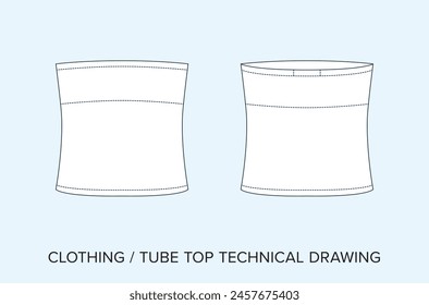 Blank Tube Top Technische Zeichnung, Frauen Bekleidung Blaupause für Modedesigner. Detaillierte editierbare Vektorillustration, Schwarz-Weiß-Kleidungsschemata, isolierter Hintergrund