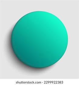 Blank turquoise badge button on white background. Glass round circle. Plastic banner with reflection and shadow. Mock up vector illustration