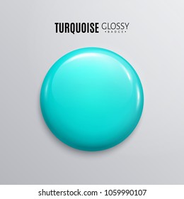 Blank turquoise glossy badge or button. 3d render. Round plastic pin, emblem, volunteer label. Vector.
