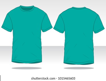 Blank Turquoise Short Sleeve T-Shirt Template on Gray Background. Front and Back Views, Vector File.