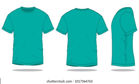 Blank Turquoise Short Sleeve T-Shirt Template on White Background. Front, Back and Side Views, Vector File.