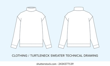 Blank Turtleneck Sweater Technical Drawing, Apparel Blueprint for Fashion Designers. Detailed Editable Vector Illustration, Black and White Jumper Clothing Schematics, Isolated Background. 