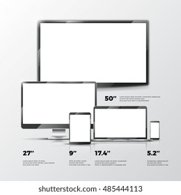 Tela de TV em branco, monitor LCD, notebook, computador tablet, maquetes de smartphones isolados em fundo branco. Dispositivos eletrônicos de design de computador. Ilustração vetorial