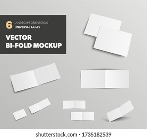 Blank universal A4 A5 bifold template, landscape orientation booklet, for design presentation. Mockup standard brochure with realistic shadows. Set business cover page isolated on a gray background