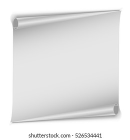 Blank unrolled white paper scroll isolated on white background. Clean page with rolled edges vector template with copy space.