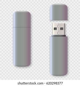 Blank usb drive design mock up set, 3d rendering. Clear plastic flash disk template opened, closed. Plain memory device mockup