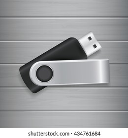 Blank USB Flash Drive Template für Werbung und Corporate Identity. Realistisches USB Flash Drive Mock up Vector mit Holzhintergrund.