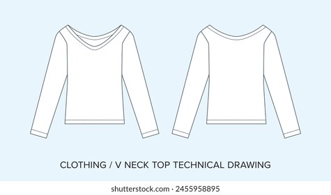 Blank V Neck Top Technical Drawing, Apparel Blueprint for Fashion Designers. Detailed Editable Vector Illustration, Black and White Womens Clothing Schematics, Isolated Background