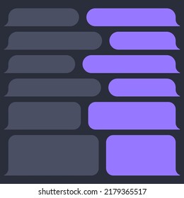 Blank various message bubbles. Chat or messenger speech bubble. SMS text frame. Short message sending. Dark mode. Vector illustration