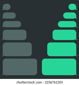 Blank various message bubbles. Green chat or messenger speech bubble. SMS text frame. Short message sending. Dark mode. Vector illustration