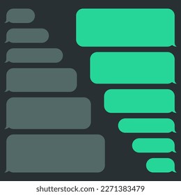 Blank various message bubbles. Green chat or messenger speech bubble. SMS text frame. Short message sending. Dark mode. Vector illustration