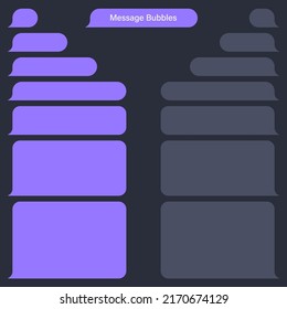 Blank various message bubbles. Violet chat or messenger speech bubble. SMS text frame. Short message sending. Dark mode. Vector illustration