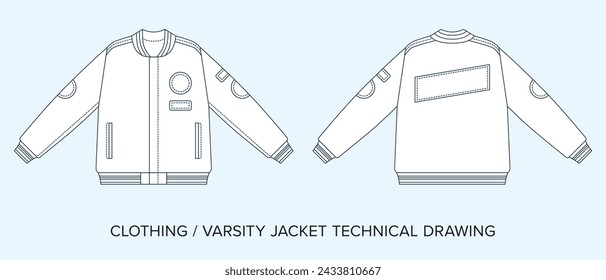 Blank Varsity Jacket Technical Drawing, Apparel Blueprint for Fashion Designers. Detailed Editable Vector Illustration, Black and White College Clothing Schematics, Isolated Background