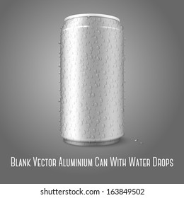 Blank vector aluminium can with condensated water drops on it, for different designs of beer, lager, alcohol, soft drinks, soda,  lemonade, cola, energy drink, juice, water etc. 