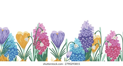 Blank vector background template featuring a hand-drawn floral bottom border. Spring botanical composition with blooming colorful crocuses, hyacinths, and delicate snowdrops (Galanthus) on a light beige background. Empty copy space for custom text. Perfect for custom greeting cards, wedding invitations, sale banners, and social media posts. Flat textured illustration.