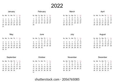 Blank vector calendar for 2022. White background. Template for editing. Minimalistic graphic illustration. A set of 12 months.