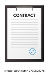 Blank vector contract with seal on clipboard. Deal agreement, treaty signing. Official business paper document. Employment, partnership. Finance and investment. Design isolated on white background