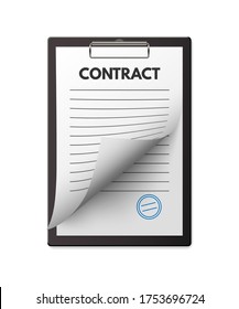 Blank vector contract with seal on clipboard. Deal agreement, treaty signing. Official business paper document. Employment, partnership. Finance and investment. Design isolated on white background