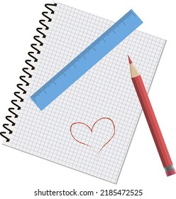 Libro de copias en blanco vectorial con lápiz rojo, regla y corazón rojo dibujado a mano, aislado en fondo blanco