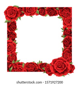 Blank vector frame with red rose flowers and leaves isolated on white. For wedding romantic postcard, valentine design, greeting card, photo frame, invitation, ad or posters