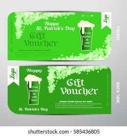 Blank of vector gift voucher for Happy St. Patrick's Day with gradient green background, free goblet of cold beer.