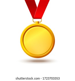 blank vector gold medal on a red ribbon. template for about the award for the victory of the first achievement and quality, courage, victory day, may 9