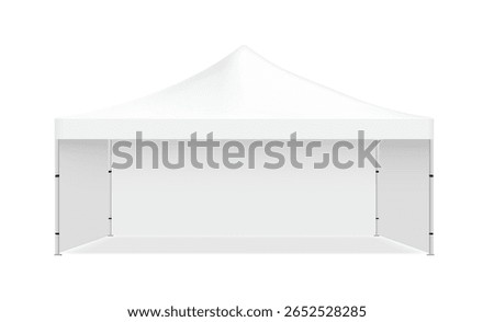 Blank vector illustration of a realistic white event tent or canopy with side walls. Perfect for use in outdoor market concepts, street food stalls, exhibitions, product presentations, pop-up stores