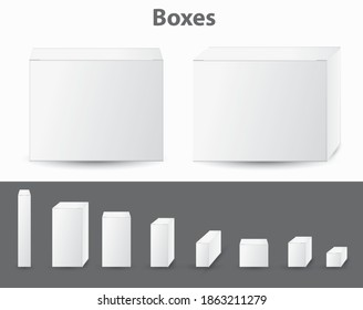 Blank vector mockups of boxes in different shapes and in perspective. Set of closed paper packaging containers for logistics and shipping. Collection of white cardboard clip art boxes. 