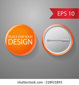 Blank vector orange badge with place for your text. Both sides - face and back. Isolated on grey background for design and branding. Vector 